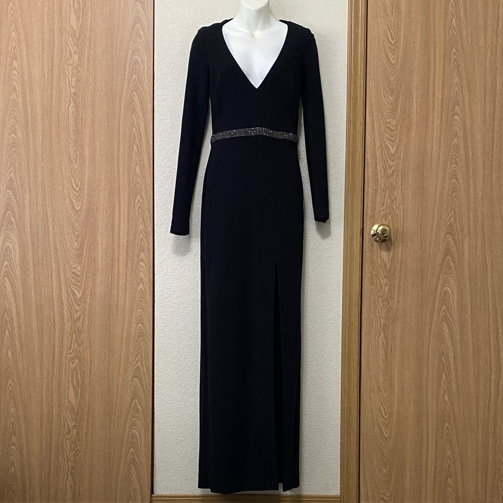 Nicole Miller Long Sleeve V-Neck Open back Rhinestone Belt Accent Evening Gown